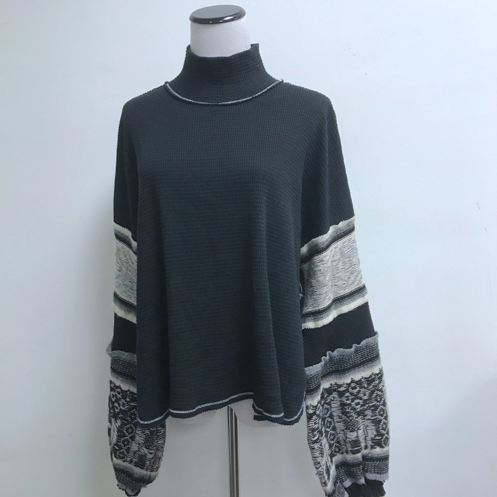 Free People black gray long sleeve mock neck fair isle sweater boho hippie top L